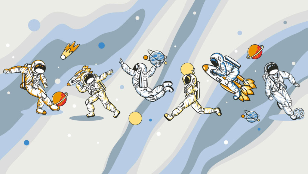 Astronautas entre faixas coloridas — design completo