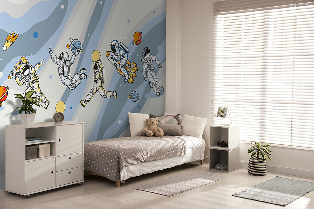 Astronautas entre faixas coloridas — interior 4