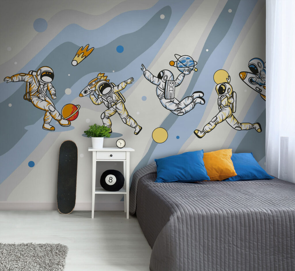 Astronautas entre faixas coloridas num interior