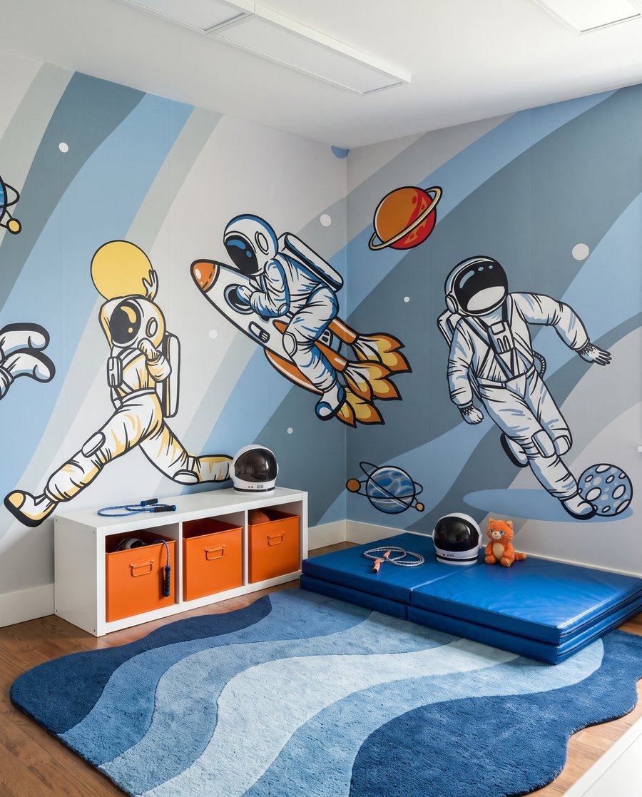 Astronautas entre faixas coloridas num interior