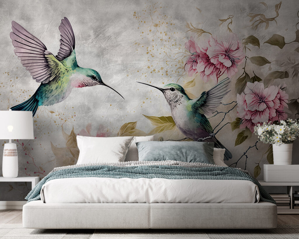 Colibris junto a flores num interior