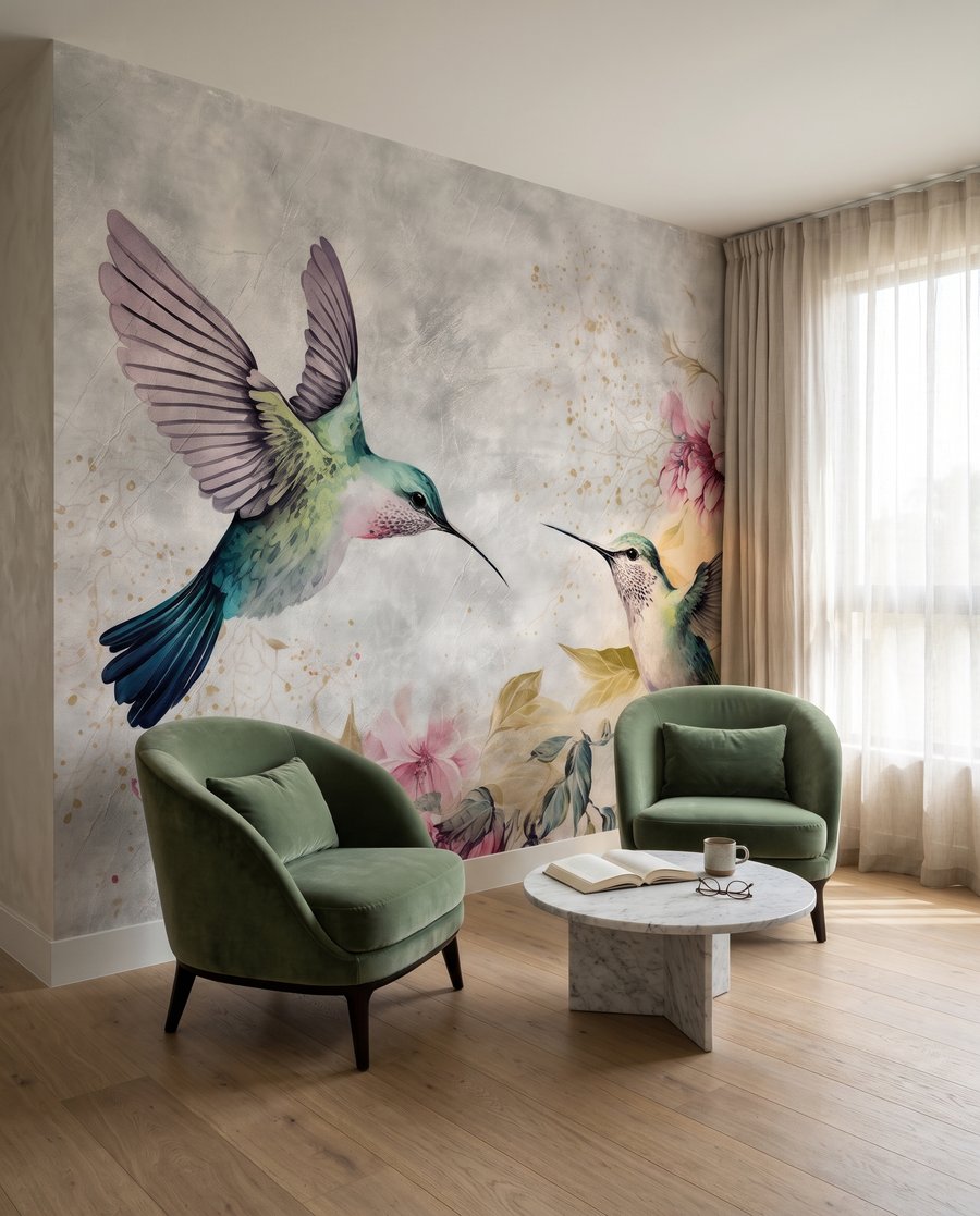 Colibris junto a flores num interior