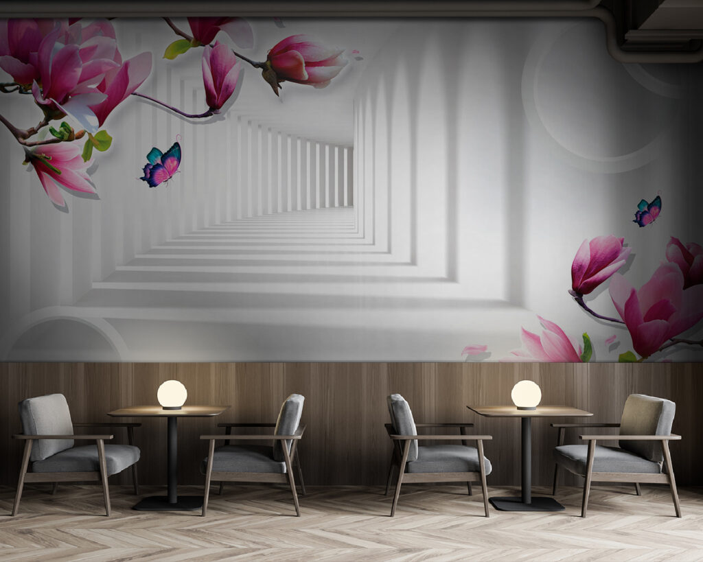 Magnólias num corredor branco — interior 3