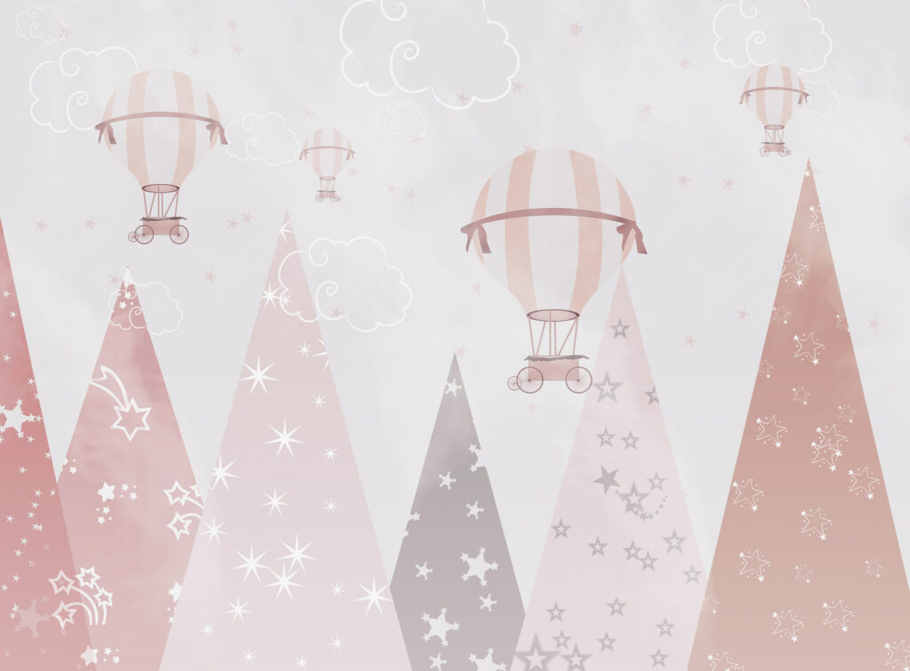 Balões entre montanhas rosa — design completo