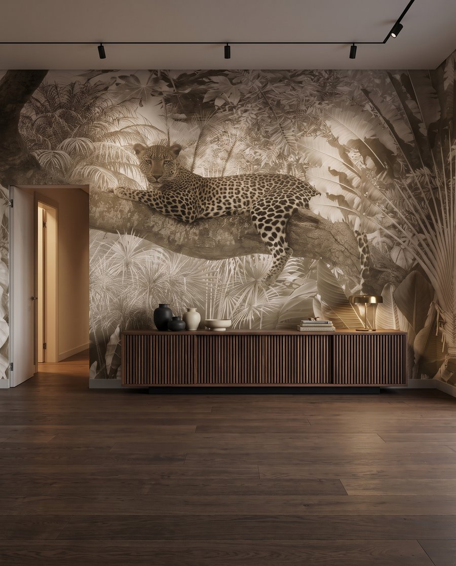 Leopardo em tons terrosos num interior