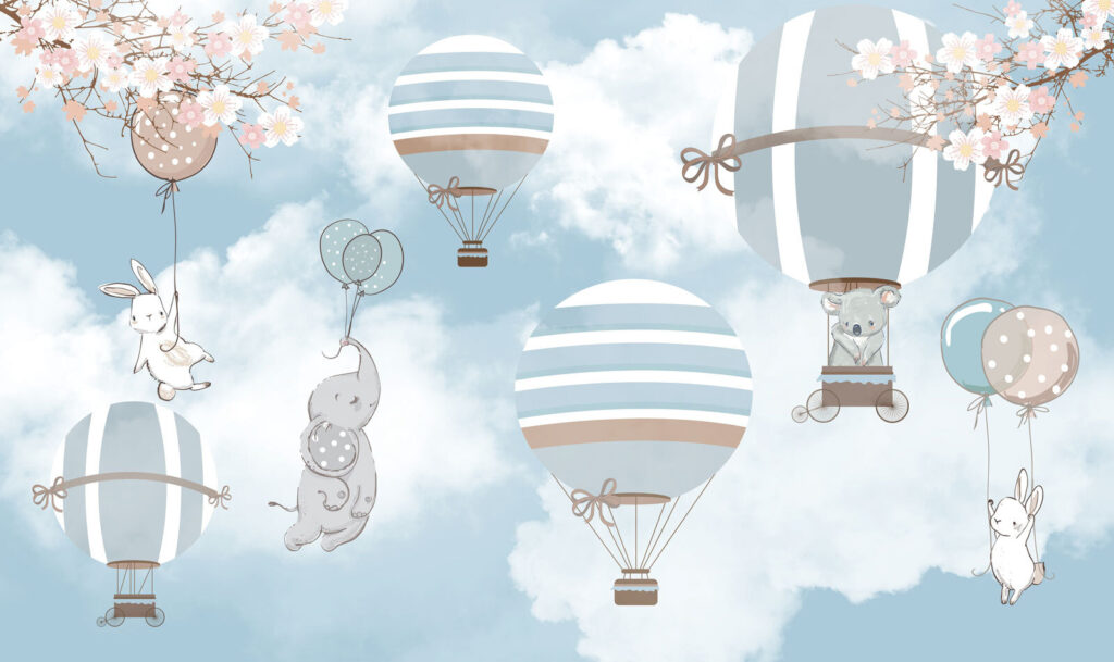 Coelhos em balões azuis — design completo