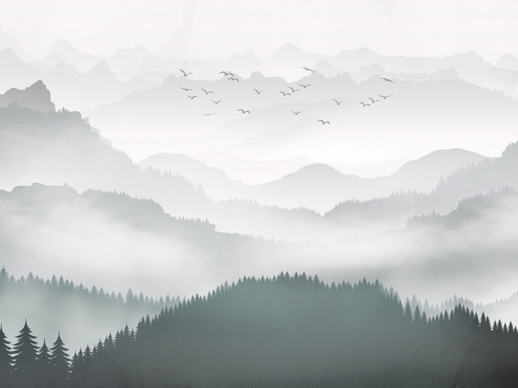 Aves sobre a neblina — design completo