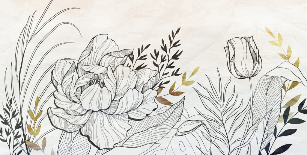 Flores desenhadas em dourado — design completo