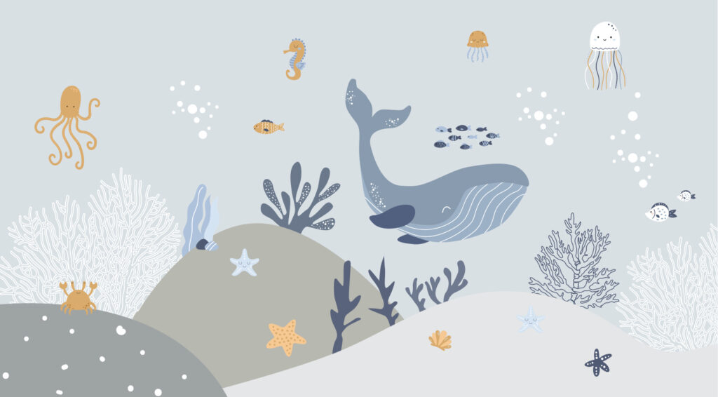 Baleia entre criaturas marinhas — design completo