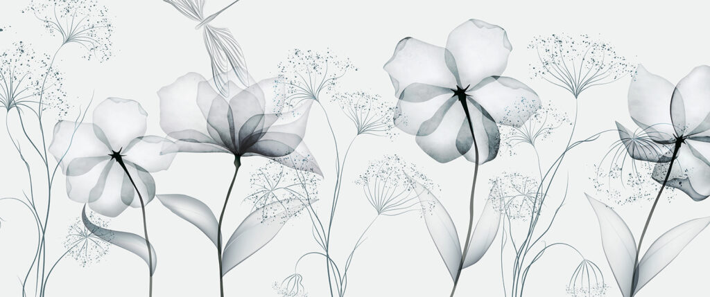Flores transparentes em azul-acinzentado — design completo