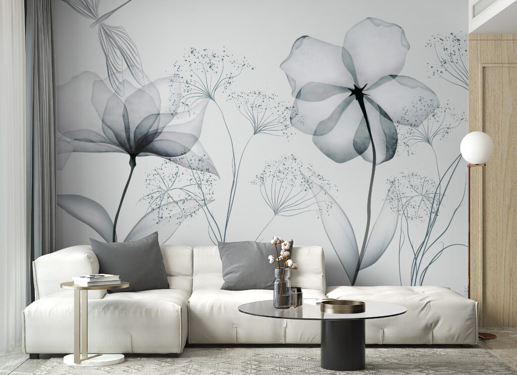 Flores transparentes em azul-acinzentado num interior