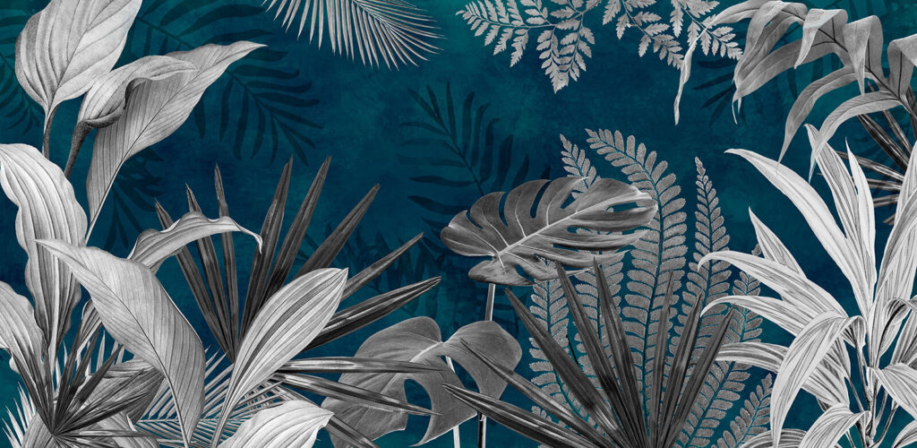 Folhas brancas sobre azul-petróleo — design completo