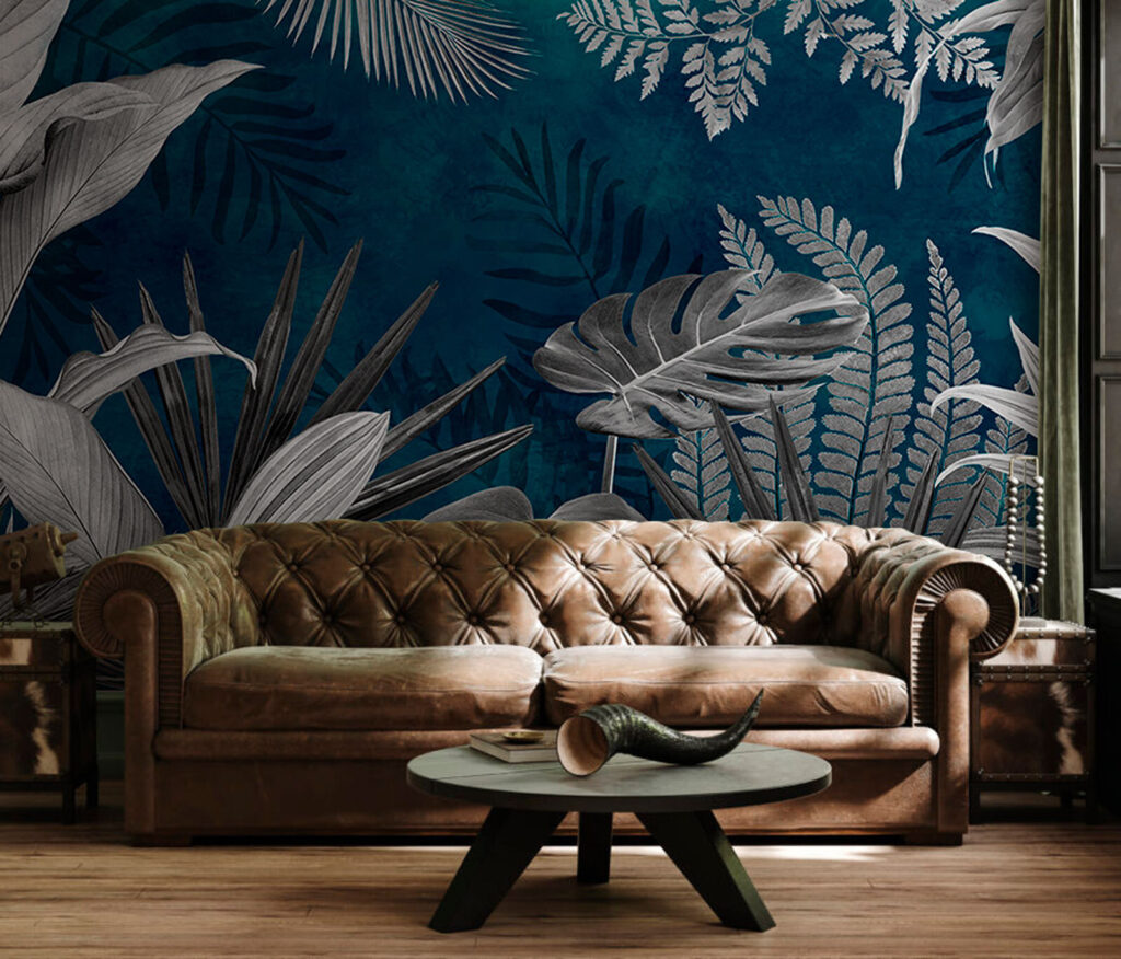 Folhas brancas sobre azul-petróleo — interior 2