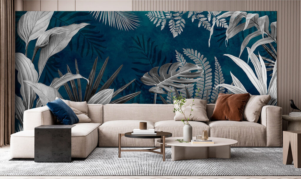 Folhas brancas sobre azul-petróleo — interior 1