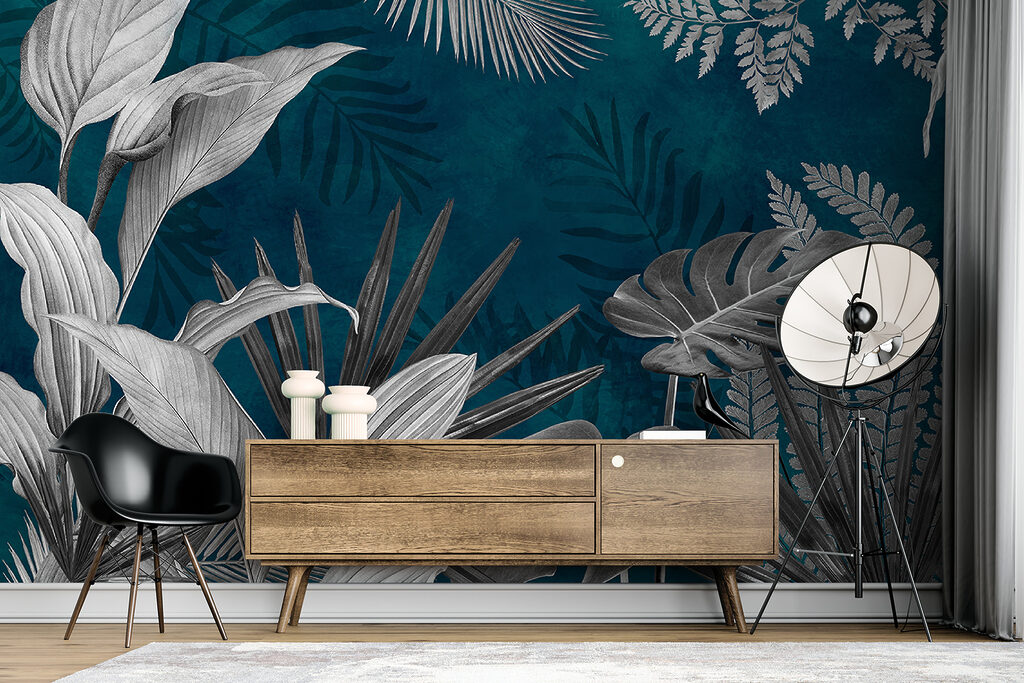 Folhas brancas sobre azul-petróleo — interior 5