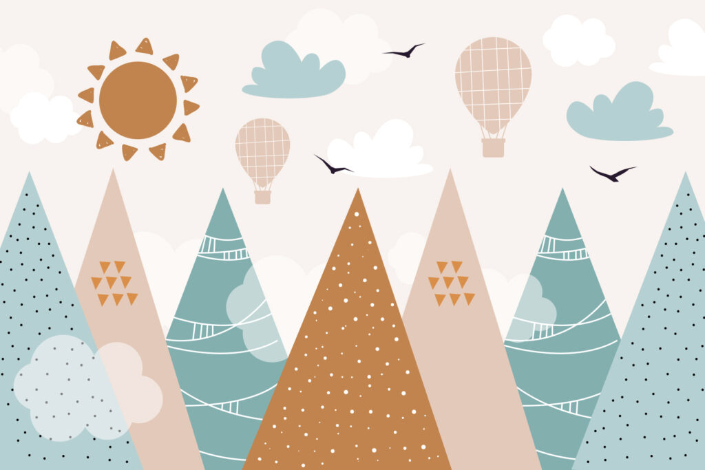 Montanhas, balões e sol — design completo