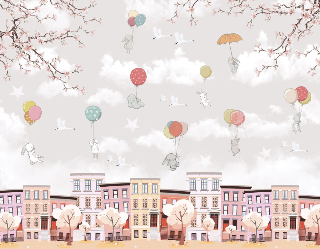 Animais sobre casas pastel — design completo