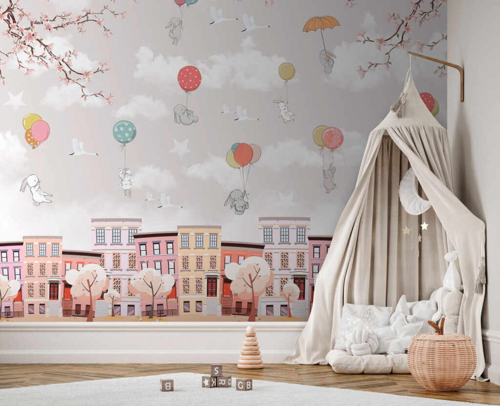 Animais sobre casas pastel — interior 1
