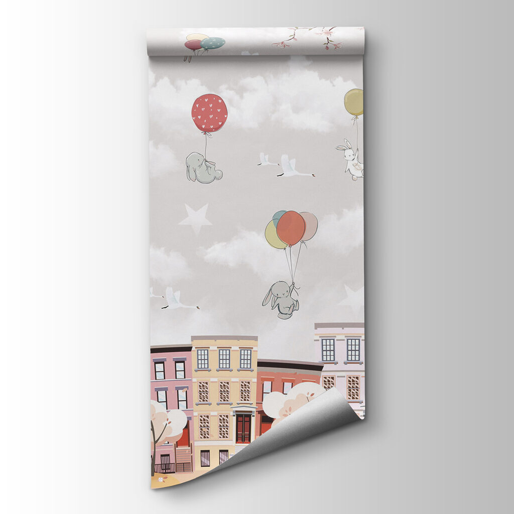 Animais sobre casas pastel — vista do produto