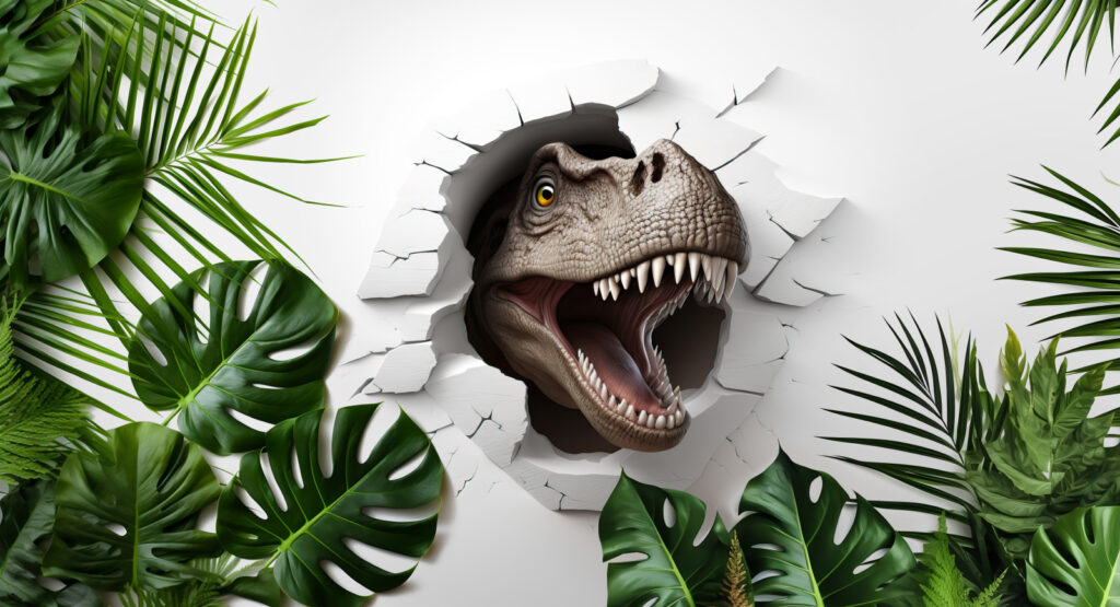 Dinossauro entre folhas verdes — design completo