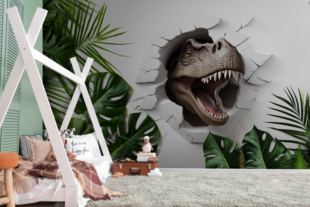 Dinossauro entre folhas verdes num interior