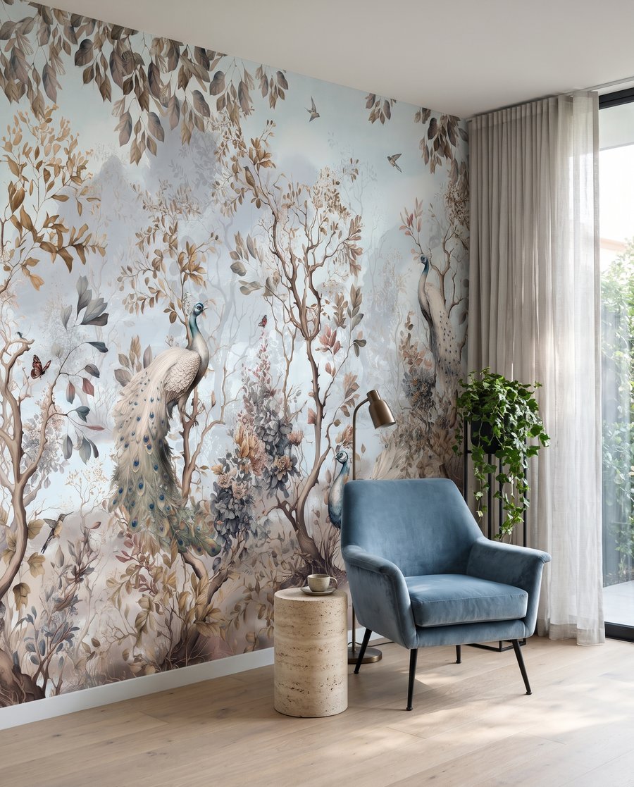 Bosque com aves claras num interior