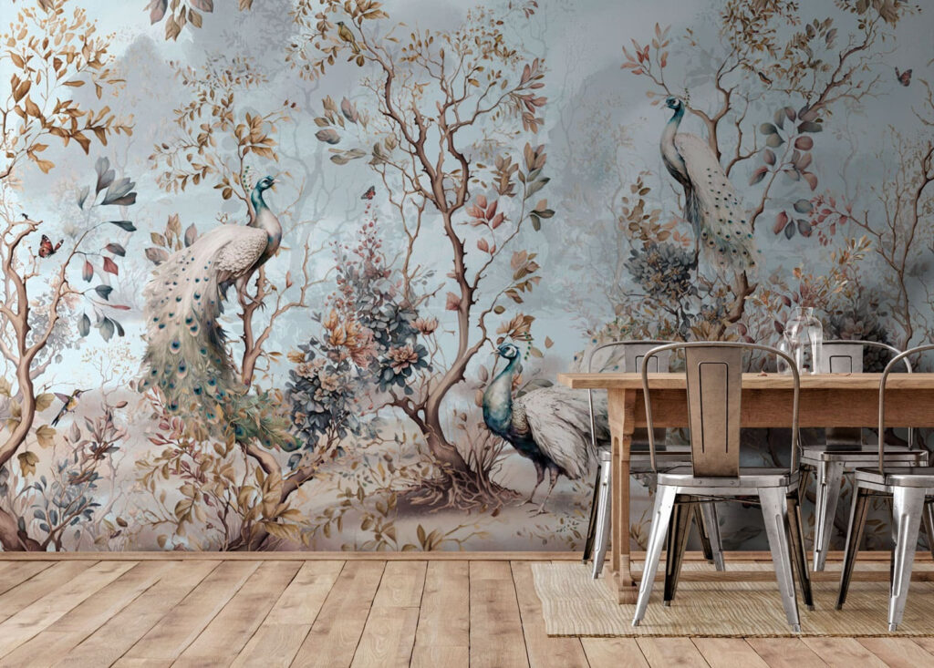 Bosque com aves claras num interior