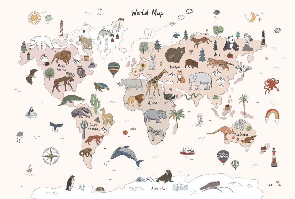 Mapa-múndi com animais — design completo