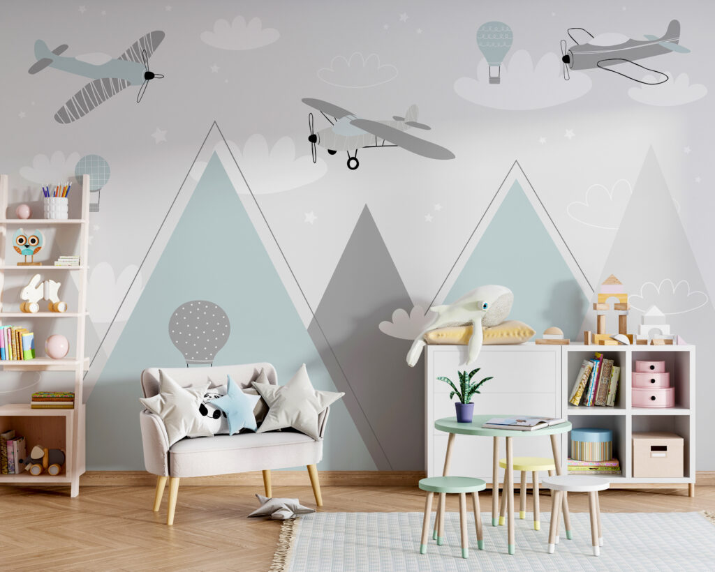 Aviões e balões num interior