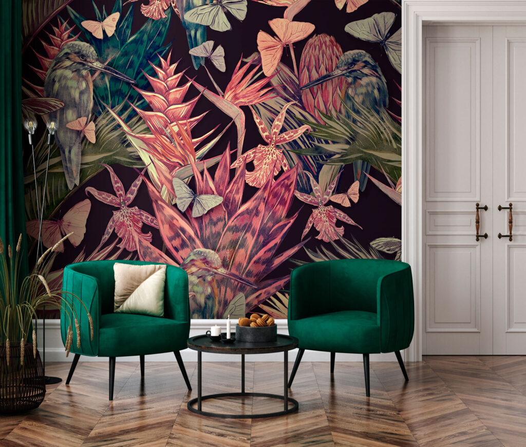 Papagaios entre plantas cor-de-rosa — interior 1
