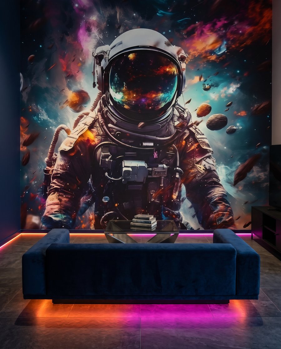 Astronauta numa nébula colorida num interior