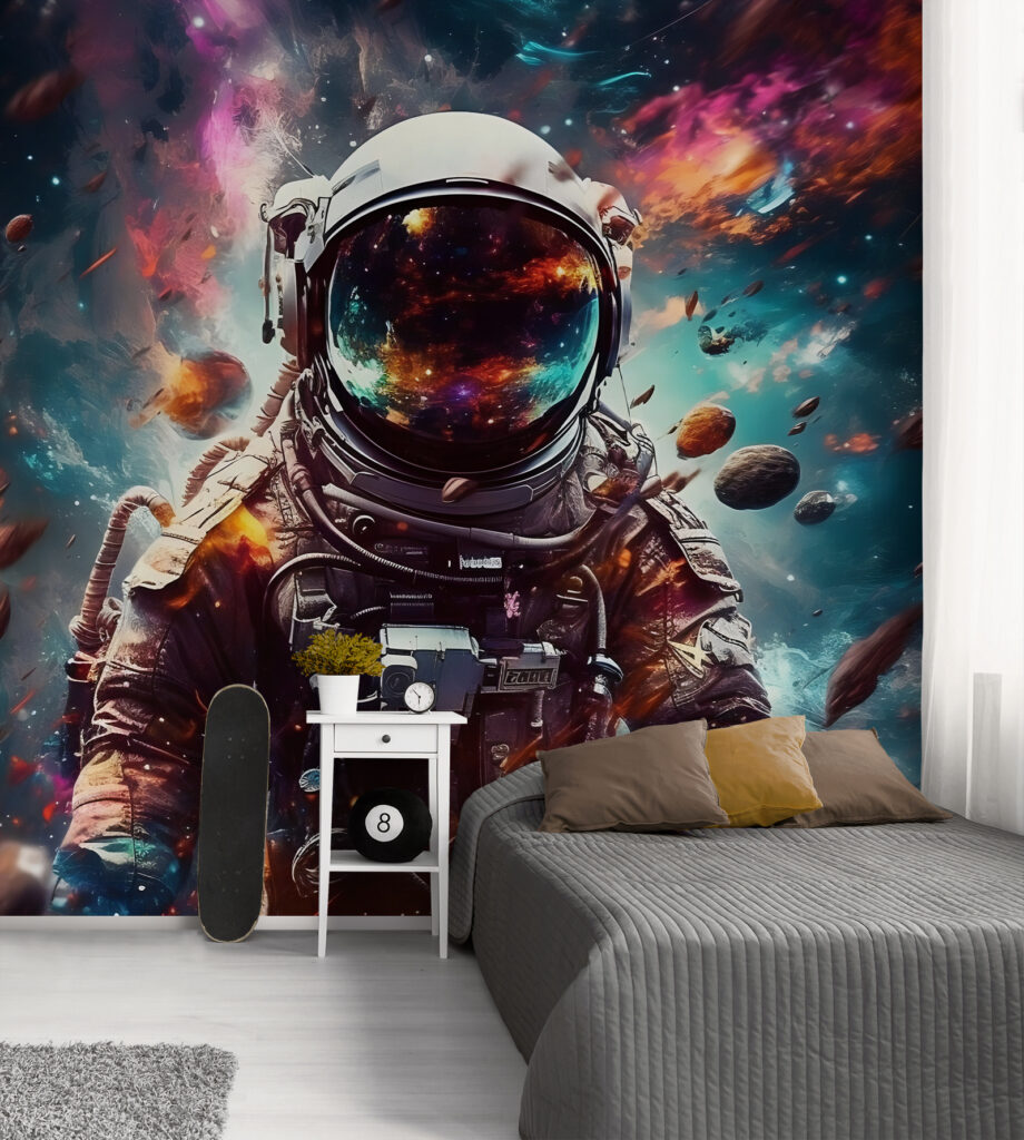 Astronauta numa nébula colorida num interior