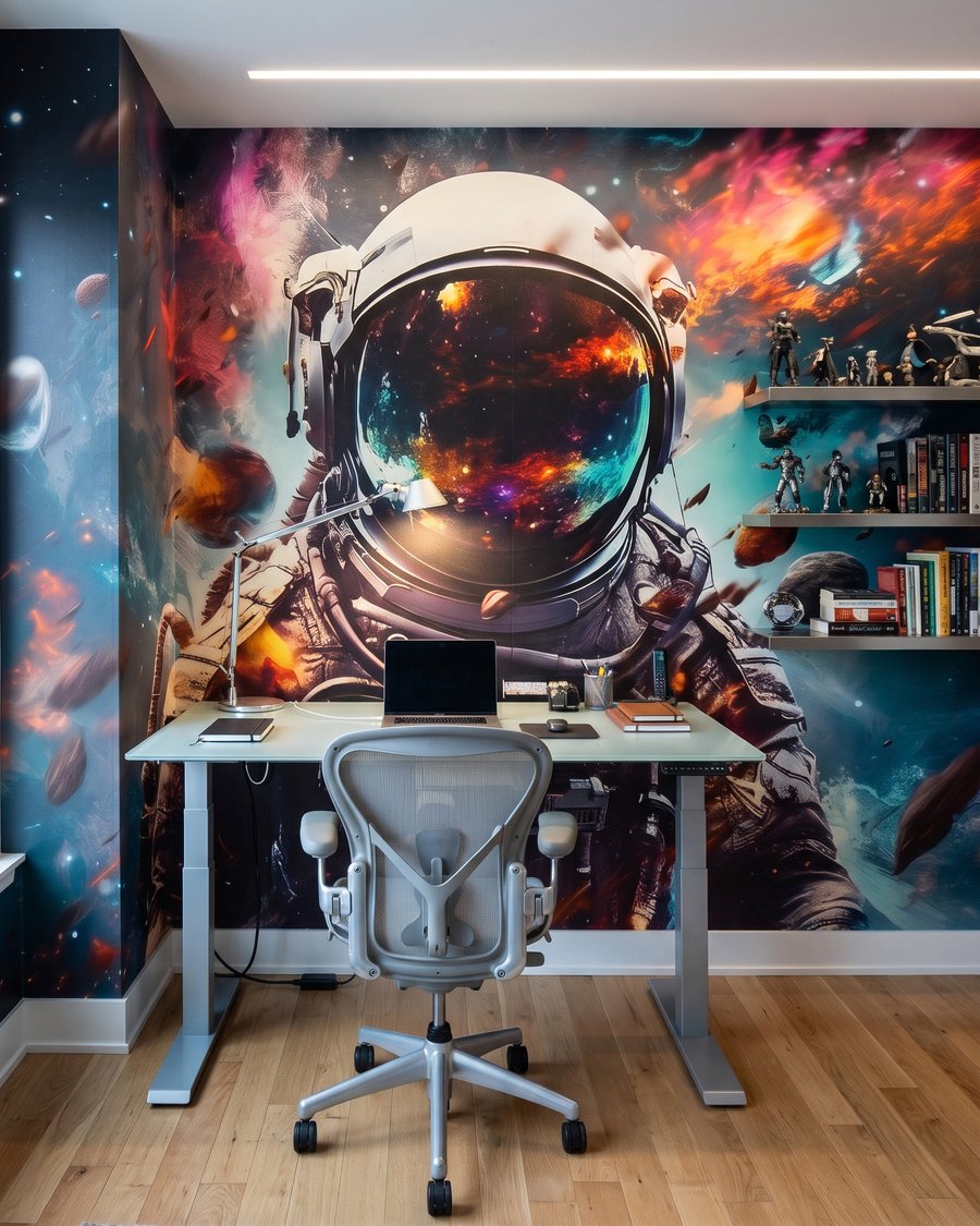 Astronauta numa nébula colorida num interior