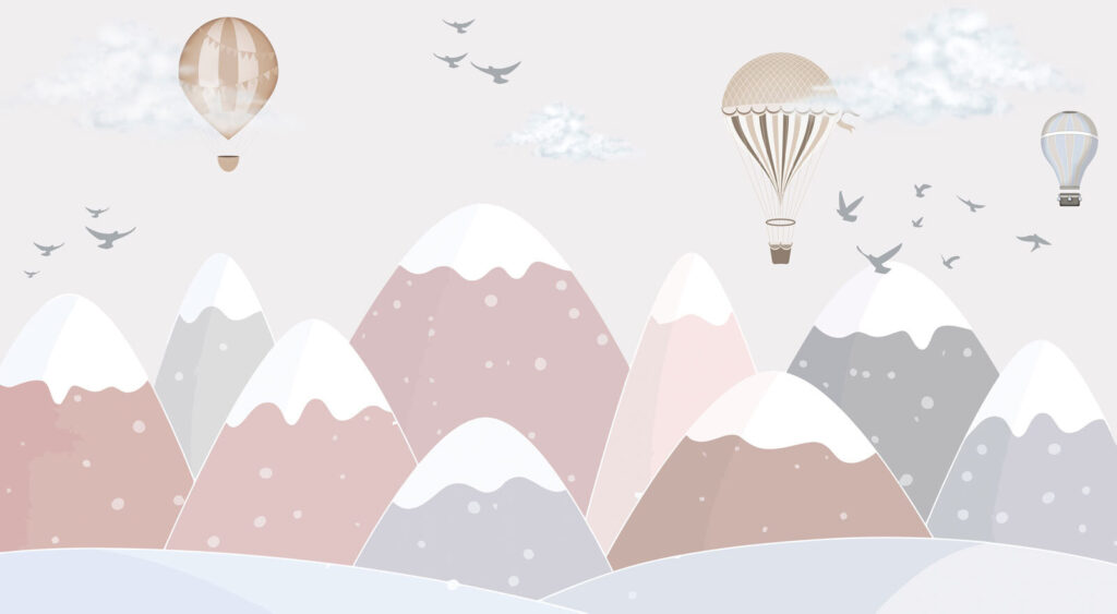 Balões sobre montanhas rosa — design completo