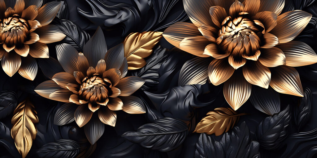 Flores douradas entre folhas — design completo
