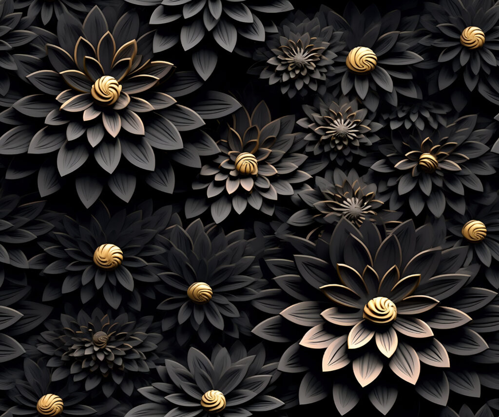 Flores pretas, centros dourados — design completo