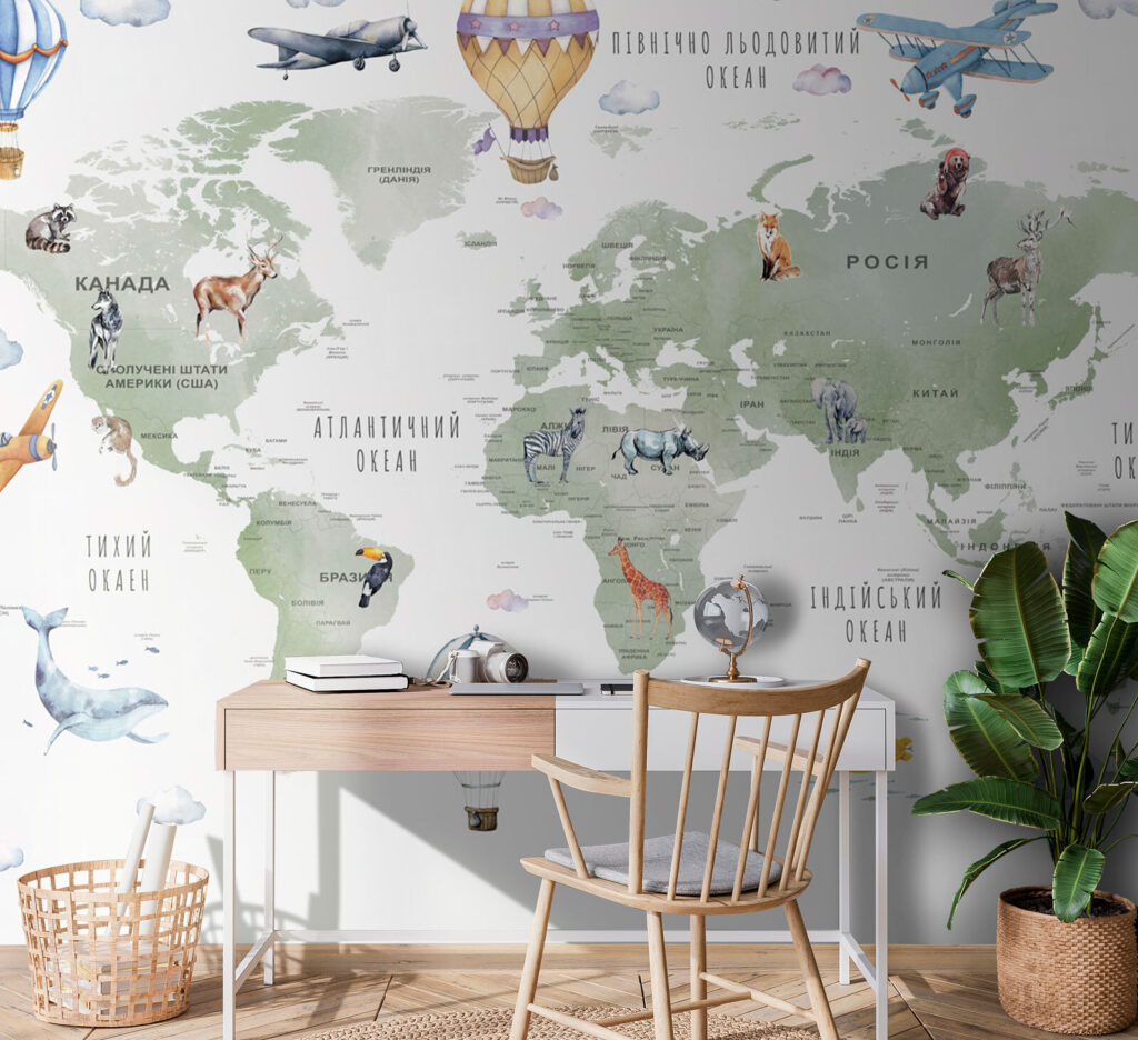Balões sobre mapa-múndi — interior 1