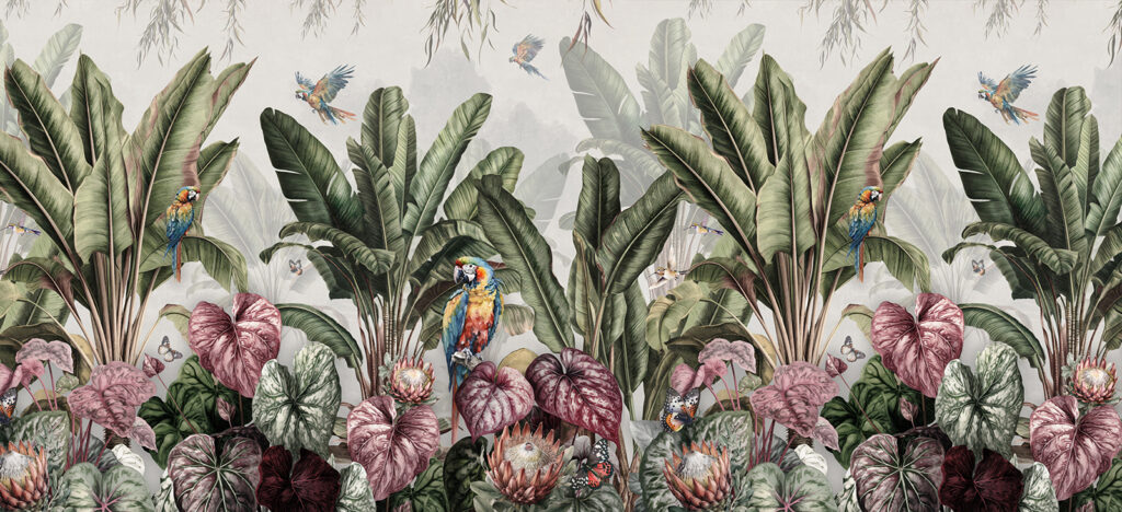 Papagaios em jardim tropical — design completo