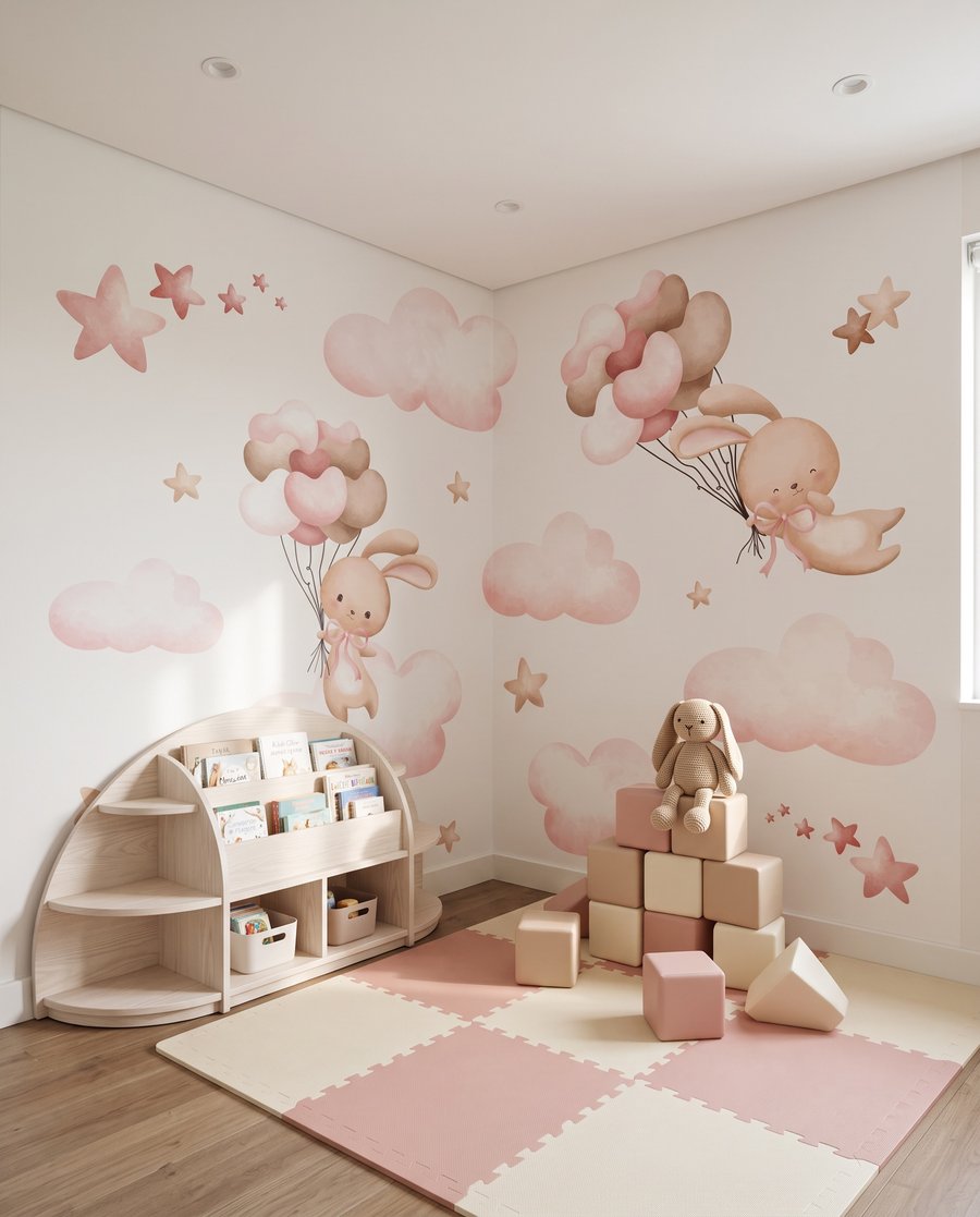 Coelhinhos sobre nuvens cor-de-rosa num interior