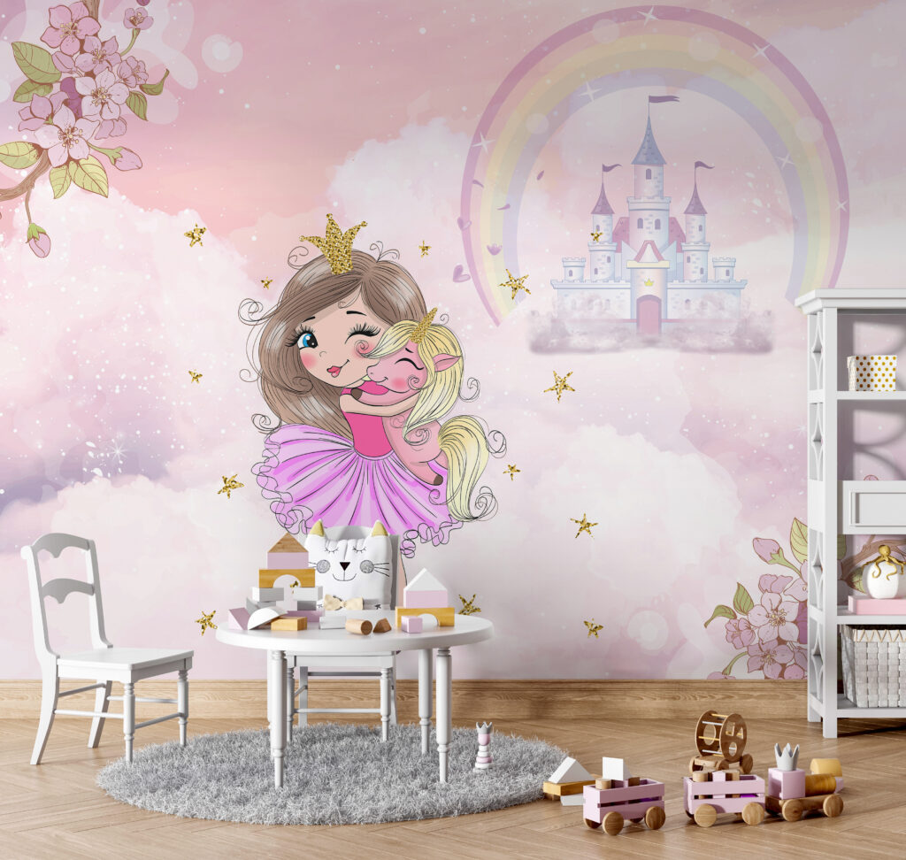Princesa no castelo arco-íris num interior