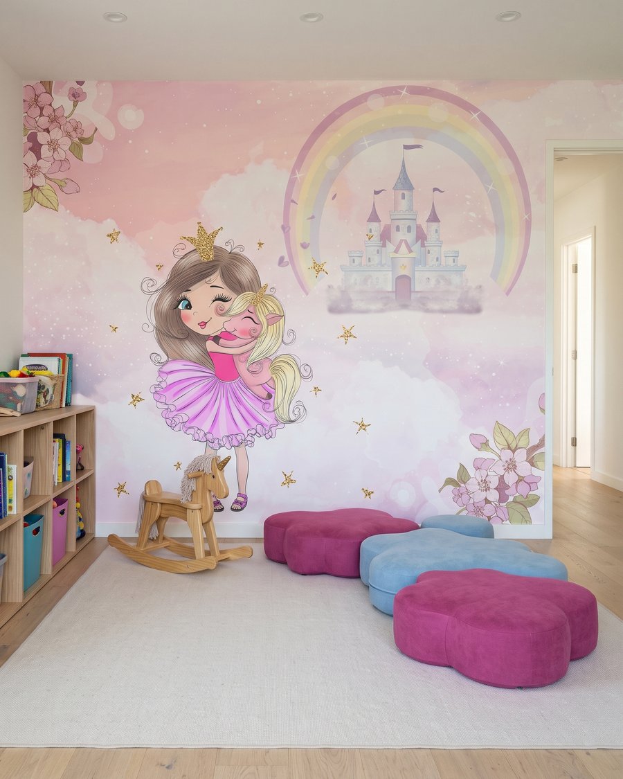 Princesa no castelo arco-íris num interior
