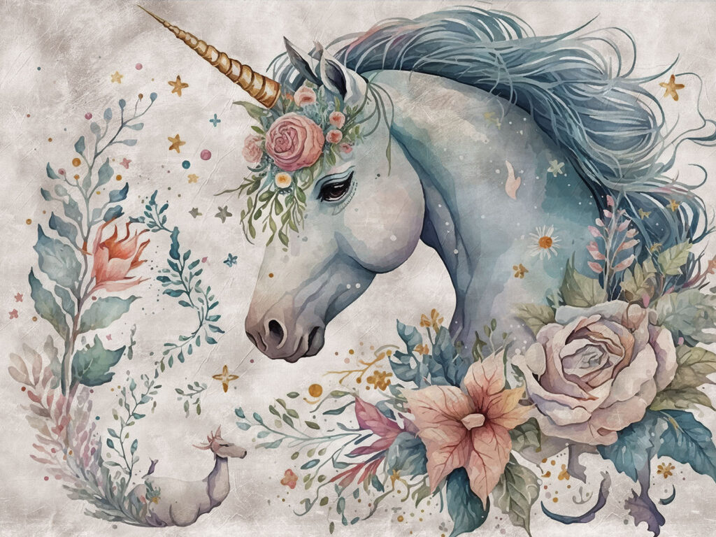 Unicórnio de juba floral — design completo
