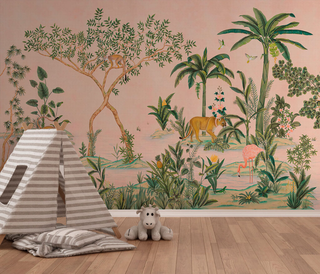 Felino entre folhagem tropical num interior