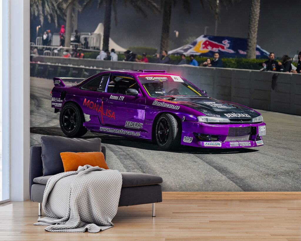Carro roxo em derrapagem — interior 1