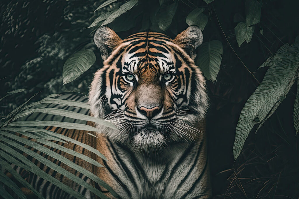 Tigre entre folhas escuras — design completo