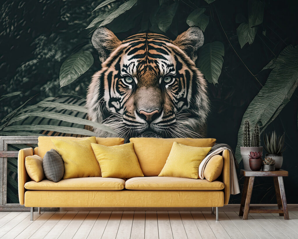 Tigre entre folhas escuras — interior 2