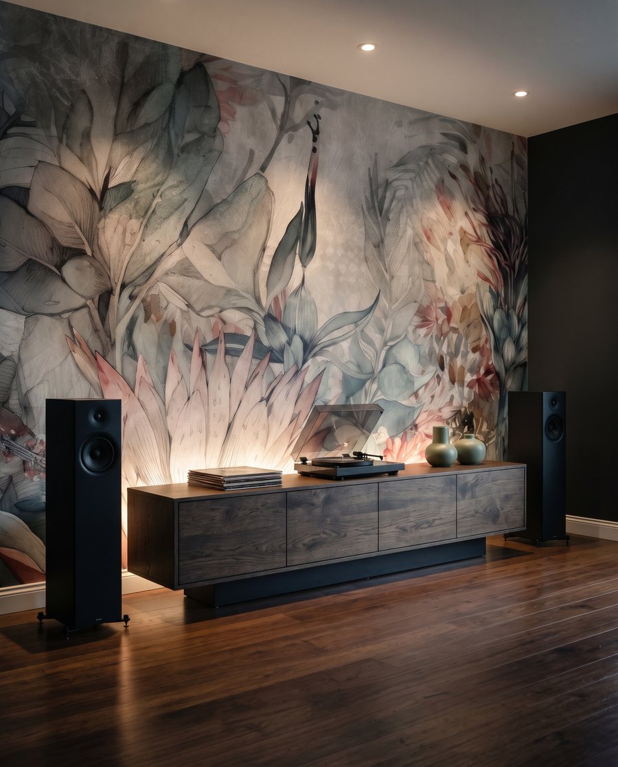 Flor exótica entre folhas num interior