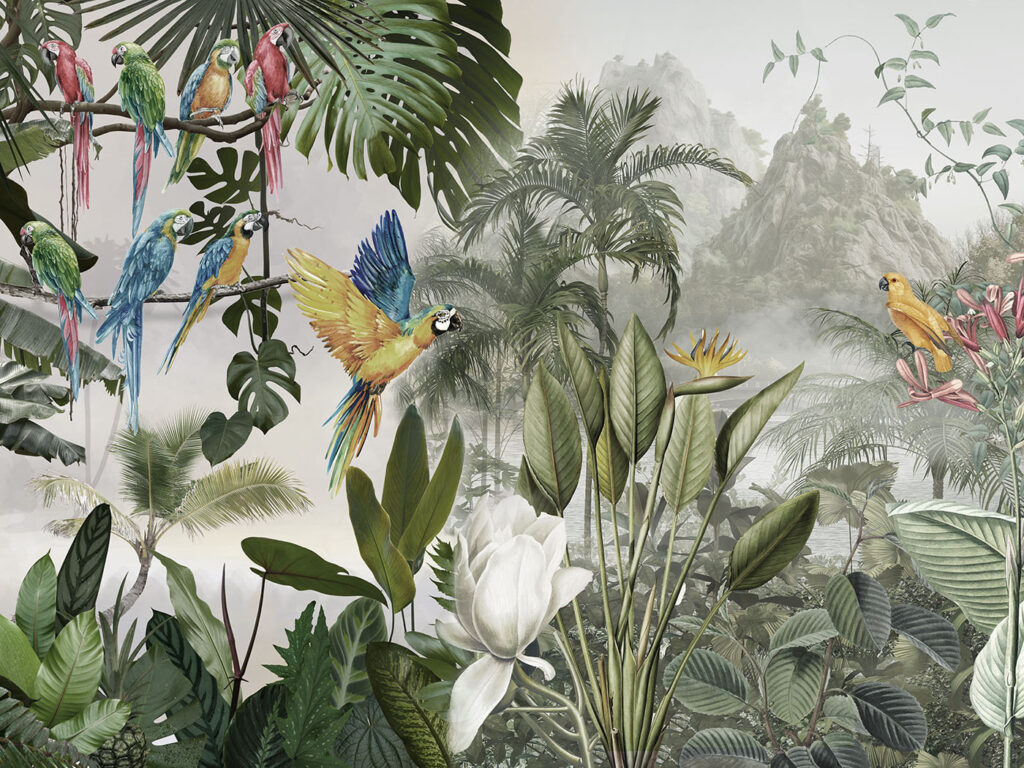 Papagaios num bosque luminoso — design completo