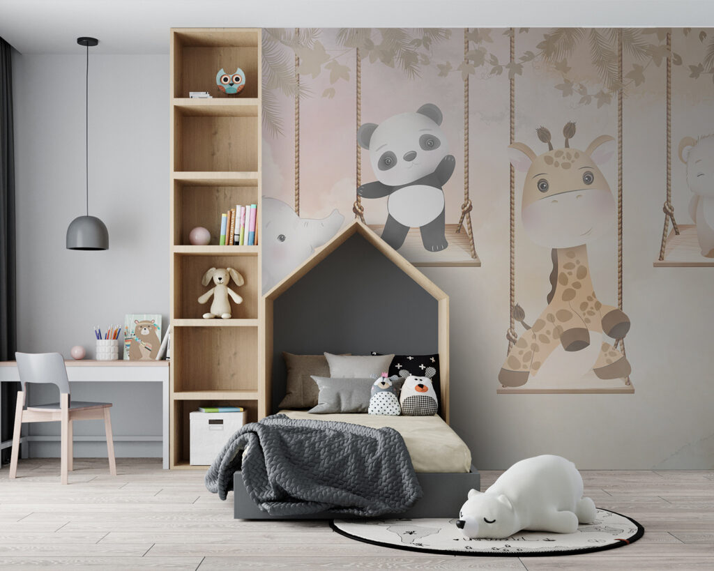 Animais em baloiços num interior
