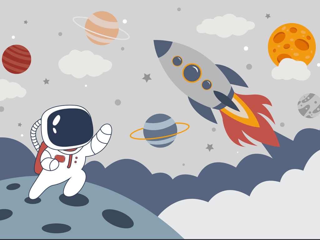 Foguetão e pequeno astronauta — design completo